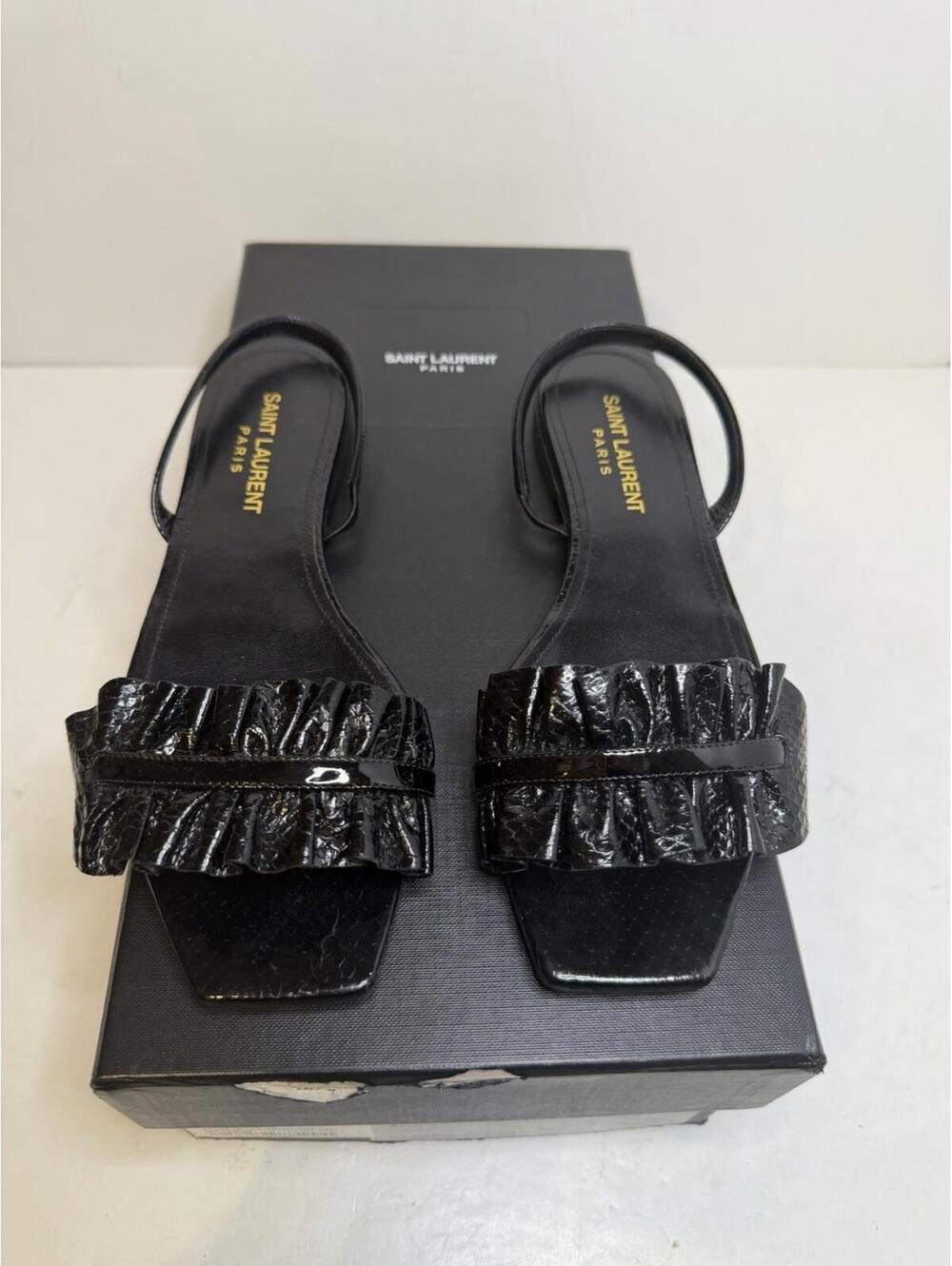 Saint Laurent Black Patent Ruffle Slide Sandals Women’s EU 36 New